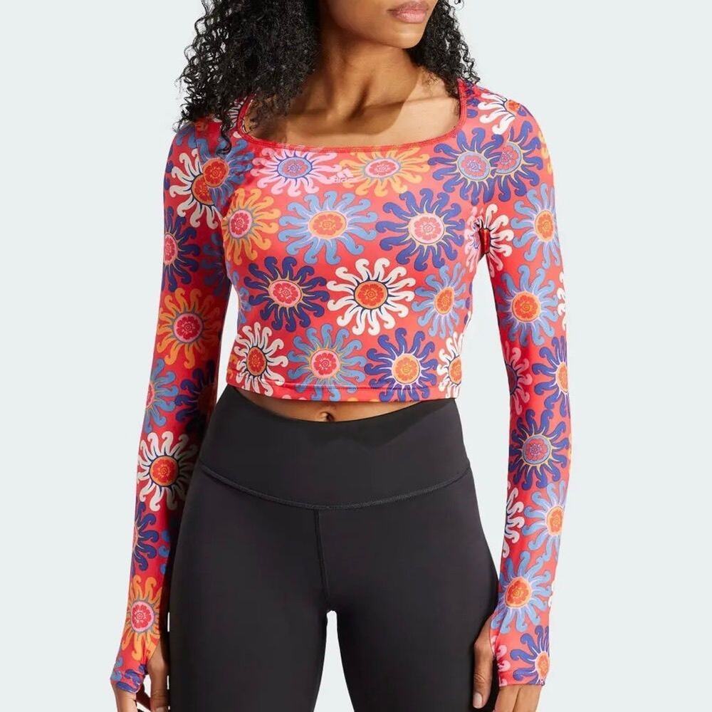 Farm Rio X Adidas Long Sleeve Crop Top Red Floral Medium NWT new with tags - Picture 2 of 6